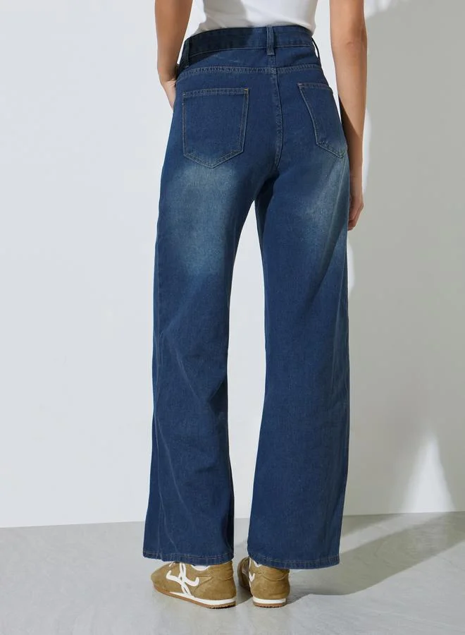 Styli Blue Blue Wide Leg Faded Jeans for Women | Best Price UAE