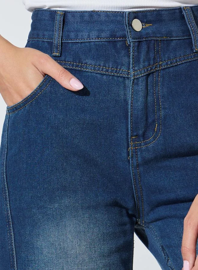 Styli Blue Blue Wide Leg Faded Jeans for Women | Best Price UAE
