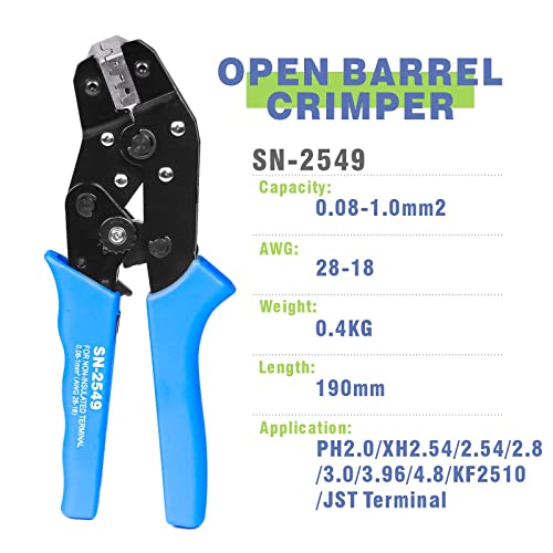 WEKESIGO SN-2549 Ratcheting Crimping Tool 0.08-1.0 mm ² 18-28AWG for PH2.0/XH2.54/2.54/2.8/3.0/3.96/4.8/KF2510/JST Dupont style Terminal - Image 2