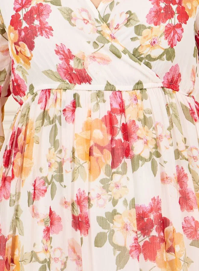 Styli Plus Floral Print Gathered Detail A-Line Maxi Dress