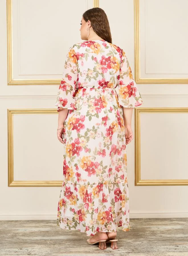 Styli Plus Floral Print Gathered Detail A-Line Maxi Dress