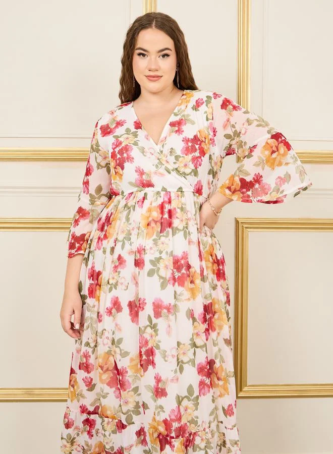 Styli Plus Floral Print Gathered Detail A-Line Maxi Dress
