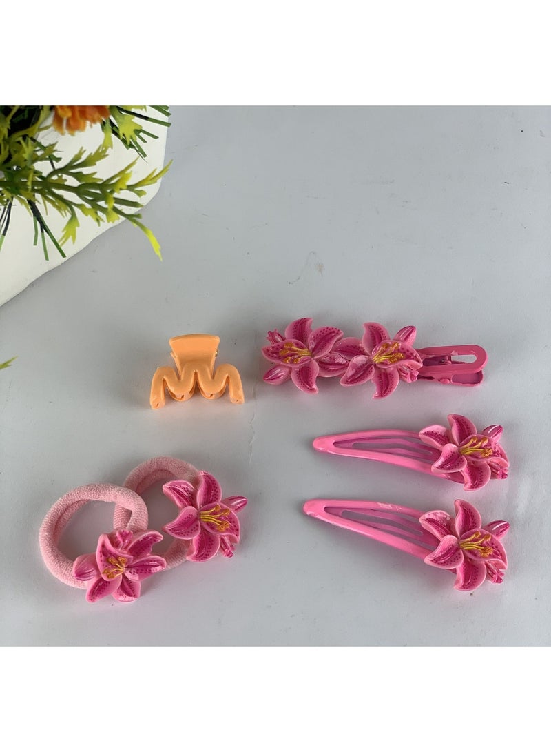 Girls Floral Hair Accessories Set (Clips & Elastics) – 6 Pieces, Elegant Flower Design - Image 4