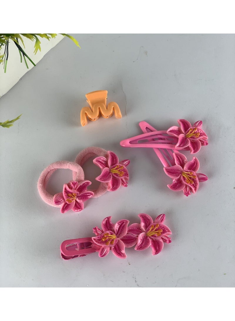 Girls Floral Hair Accessories Set (Clips & Elastics) – 6 Pieces, Elegant Flower Design - Image 1