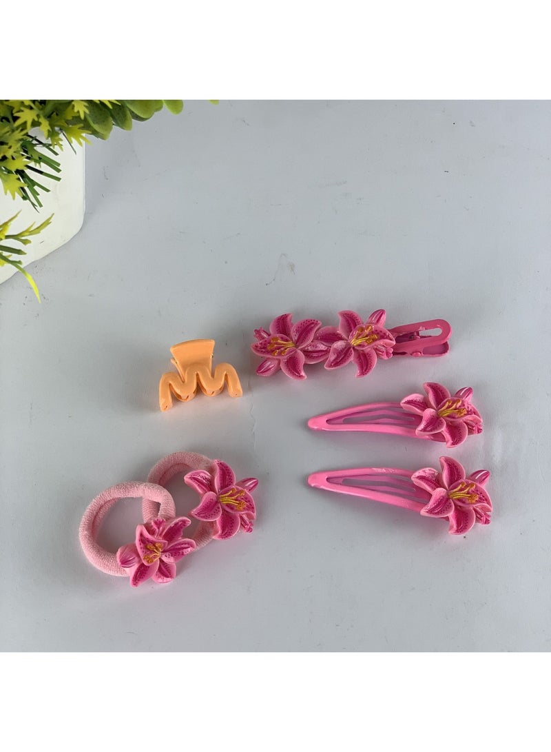 Girls Floral Hair Accessories Set (Clips & Elastics) – 6 Pieces, Elegant Flower Design - Image 3