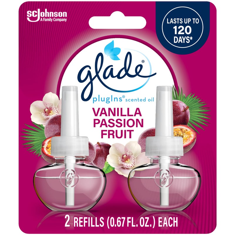 Glade PlugIns Refills Air Freshener Scented and Essential Oils for Home and Bathroom Vanilla Passion Fruit 134 Oz 2 Count
