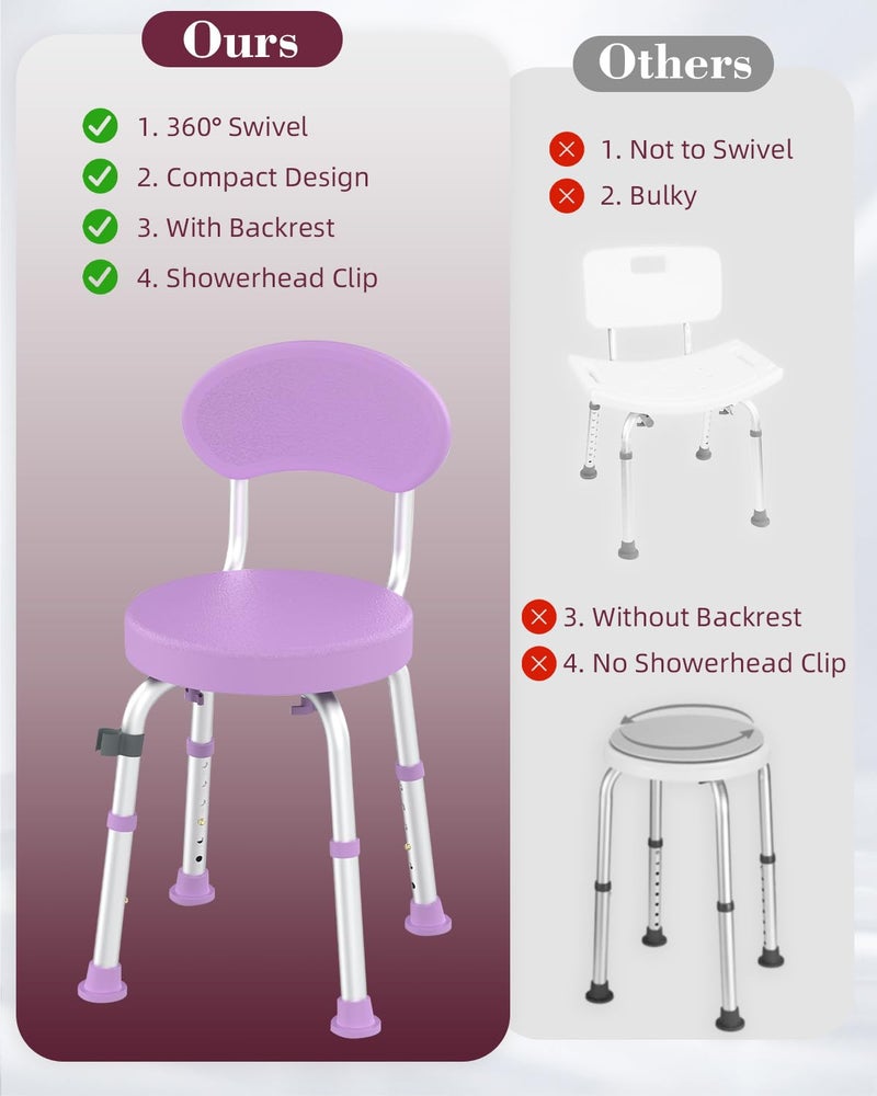 Fvzzin Swivel Shower Chair, 360Â° Non-Slip Shower Seat with Backrest for Elderly and Disabled, Height Adjustable Rotating Tub Bench for Seniors Bathroom Inside Shower with Compact Frame (Purple) - Image 4