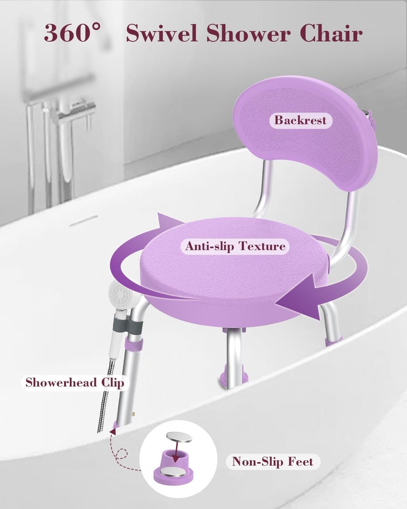 Fvzzin Swivel Shower Chair, 360Â° Non-Slip Shower Seat with Backrest for Elderly and Disabled, Height Adjustable Rotating Tub Bench for Seniors Bathroom Inside Shower with Compact Frame (Purple) - Image 2