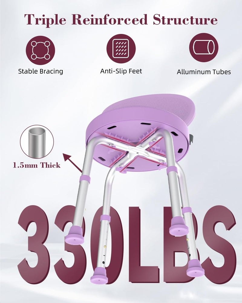 Fvzzin Swivel Shower Chair, 360Â° Non-Slip Shower Seat with Backrest for Elderly and Disabled, Height Adjustable Rotating Tub Bench for Seniors Bathroom Inside Shower with Compact Frame (Purple) - Image 3