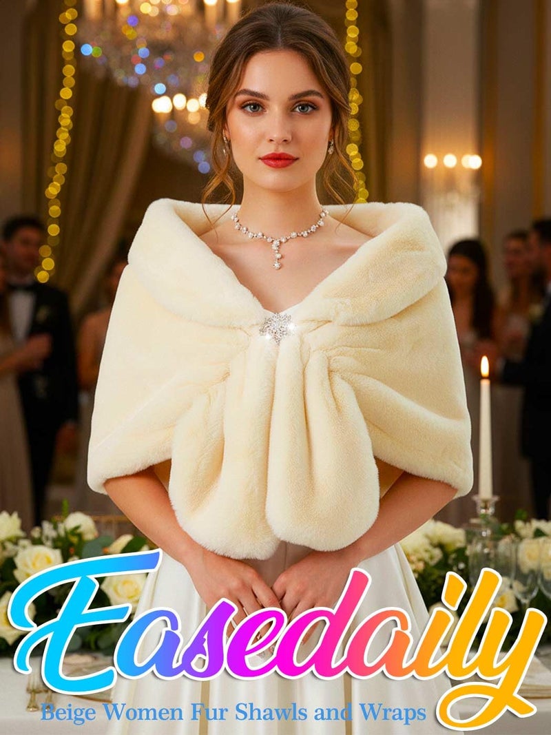 EASEDAILY شالات ولفائف الفراء النسائية من إيزدايلي، وشاح زفاف من الفراء الصناعي مع بروش للعروس وصديقات العروس (أبيض) (ب-بيج، الولايات المتحدة 4-14 (S-M)) - Image 2