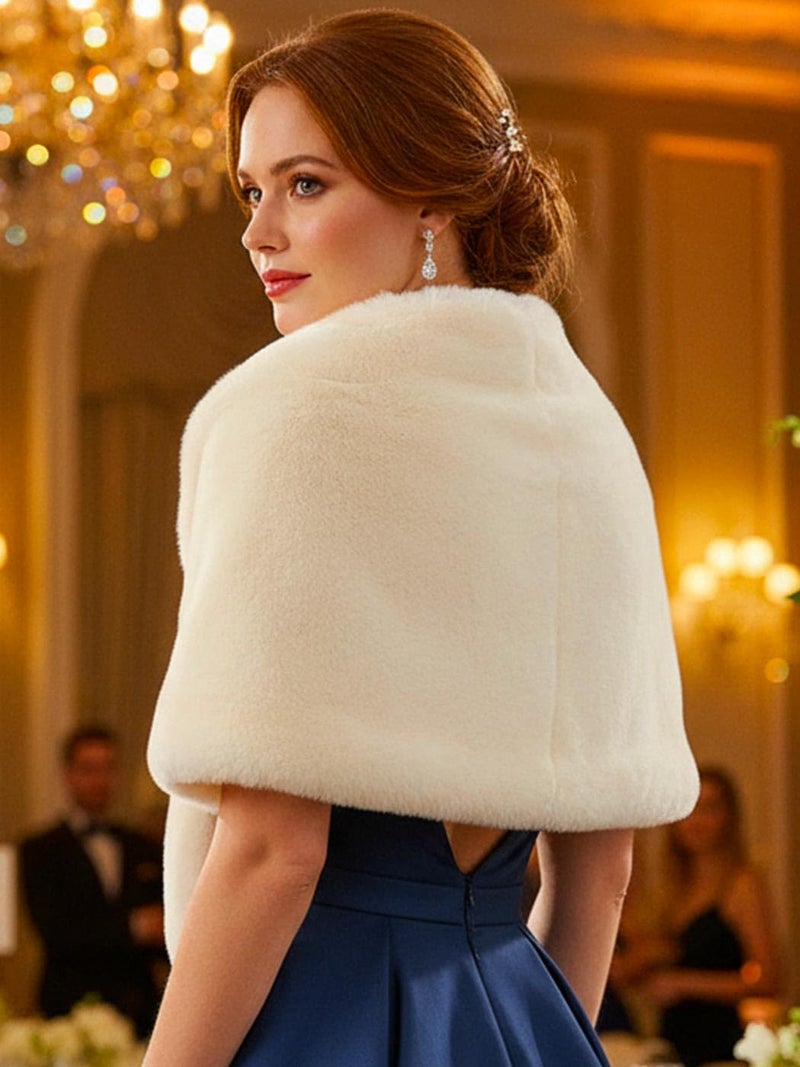 EASEDAILY شالات ولفائف الفراء النسائية من إيزدايلي، وشاح زفاف من الفراء الصناعي مع بروش للعروس وصديقات العروس (أبيض) (ب-بيج، الولايات المتحدة 4-14 (S-M)) - Image 5