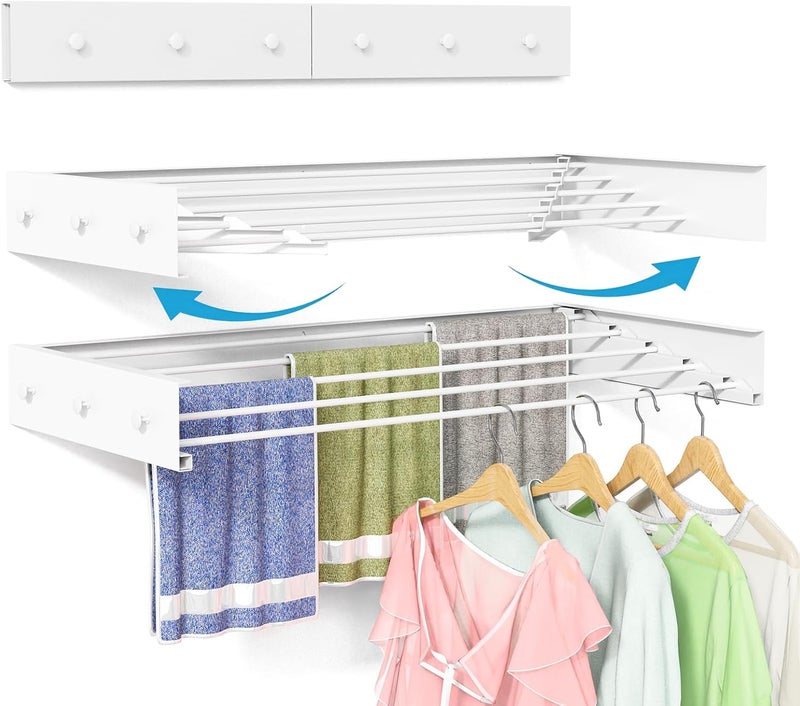 BAKON Wall Mounted Drying Rack for Laundry 31.5'', Folding Clothes Drying Rack Wall Mount with 5 Rods and 6 Hooks, Space Saving Collapsible Towel Rack for Indoor Outdoor Bathroom Balcony (White, 31.5'') - Image 1