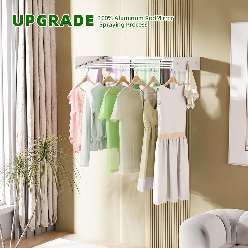 BAKON Wall Mounted Drying Rack for Laundry 31.5'', Folding Clothes Drying Rack Wall Mount with 5 Rods and 6 Hooks, Space Saving Collapsible Towel Rack for Indoor Outdoor Bathroom Balcony (White, 31.5'') - Image 3