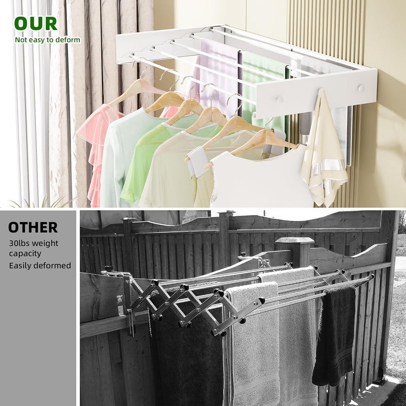 BAKON Wall Mounted Drying Rack for Laundry 31.5'', Folding Clothes Drying Rack Wall Mount with 5 Rods and 6 Hooks, Space Saving Collapsible Towel Rack for Indoor Outdoor Bathroom Balcony (White, 31.5'') - Image 4