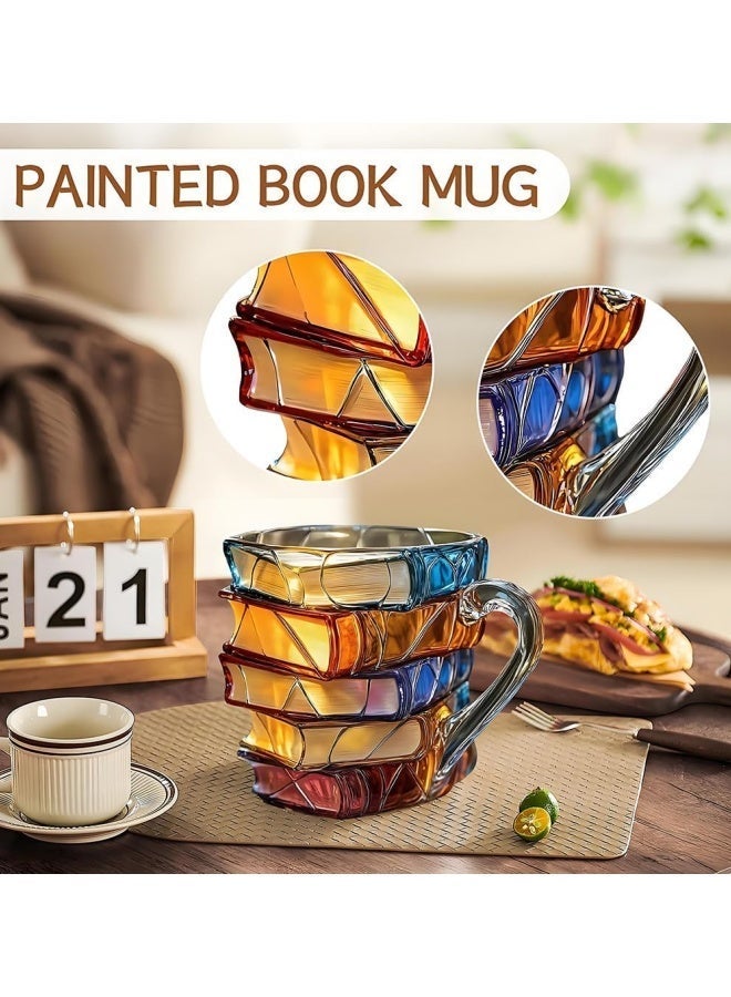 TAKHTEELA Painted Book Mug 330ml – 3D Clear Coffee Cup with Handle Book Stack, Cute Funny Glass Mug with Spoon, Unique Gift for Readers, Writers, Librarians, Women – Saudi National Day Gift - Image 2