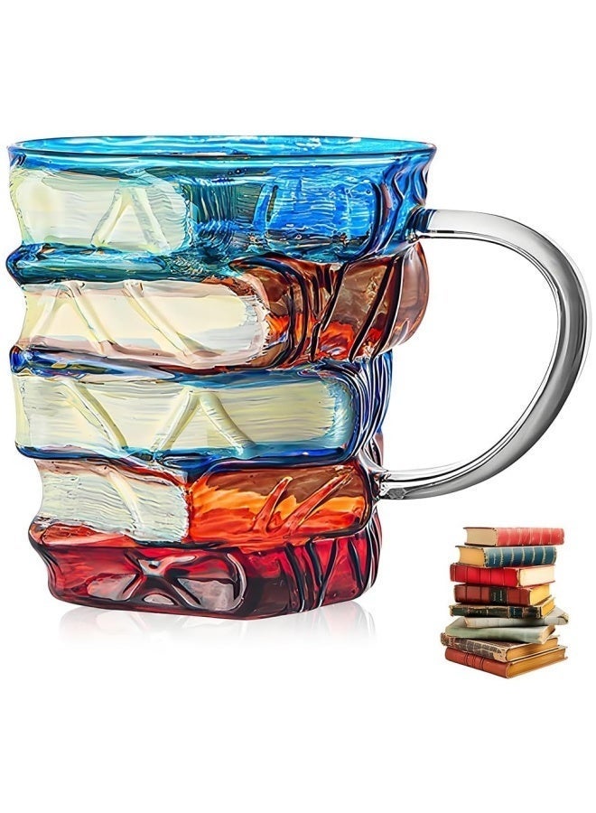 TAKHTEELA Painted Book Mug 330ml – 3D Clear Coffee Cup with Handle Book Stack, Cute Funny Glass Mug with Spoon, Unique Gift for Readers, Writers, Librarians, Women – Saudi National Day Gift - Image 1