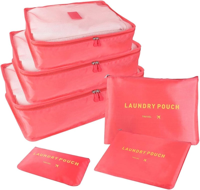 6Pcs Set Travel Luggage Organizer Packing Cubes Set Storage Bag Waterproof Laundry Bag Traveling Accessories - Watermelon Red,Travel Bag - Image 1