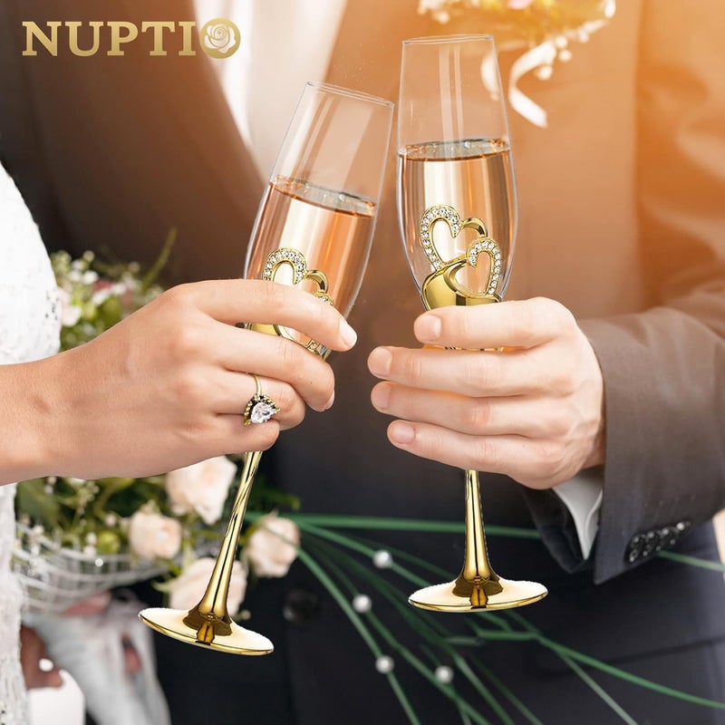 NUPTIO نوبتيو كؤوس الشمبانيا هدايا زفاف كؤوس ذهبية للتوست للعروس والعريس أكواب نبيذ على شكل قلب كريستال هدية ذكرى سنوية خطوبة للأزواج مضيفة السيد والسيدة 676 أونصة - Image 4