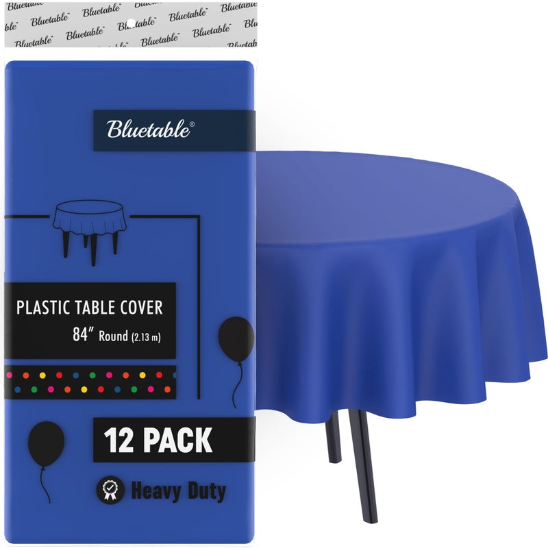 Round Plastic Tablecloth Blue Disposable 12 Pack Bulk  Ultra Heavy Duty Table Cloth 84 Inches 4 5 or 6 Foot Round Tables Royal Blue Tablecloths Party Events 12 Pack