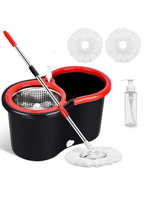 Zarish Home Spin Mop and Bucket with Wringer Set – 2 Microfiber Washable Mop Heads, Wet and Dry Use for Wall, Hardwood, Laminate, and Tile – Black and Red
