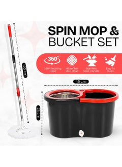 MAKS & CO. Zarish Home Spin Mop and Bucket with Wringer Set – 2 Microfiber Washable Mop Heads, Wet and Dry Use for Wall, Hardwood, Laminate, and Tile – Black and Red  - Image 2