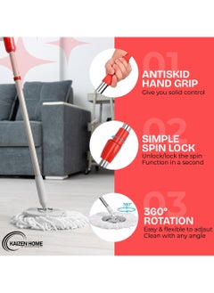 MAKS & CO. Zarish Home Spin Mop and Bucket with Wringer Set – 2 Microfiber Washable Mop Heads, Wet and Dry Use for Wall, Hardwood, Laminate, and Tile – Black and Red  - Image 3