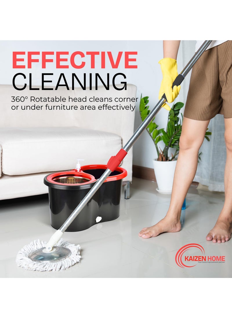 MAKS & CO. - Zarish Home Spin Mop and Bucket with Wringer Set – 2 Microfiber Washable Mop Heads, Wet and Dry Use for Wall, Hardwood, Laminate, and Tile – Black and Red - Image 1