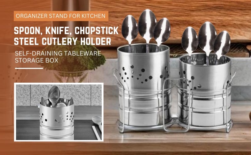 ANIAN Stainless Steel 2-Compartment Cutlery Holder | Self-Draining Utensil Organizer for Kitchen | Spoon, Fork, Knife and Chopstick Stand (Silver) - Image 3