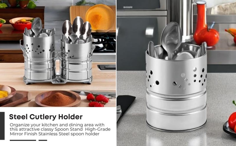 ANIAN Stainless Steel 2-Compartment Cutlery Holder | Self-Draining Utensil Organizer for Kitchen | Spoon, Fork, Knife and Chopstick Stand (Silver) - Image 4