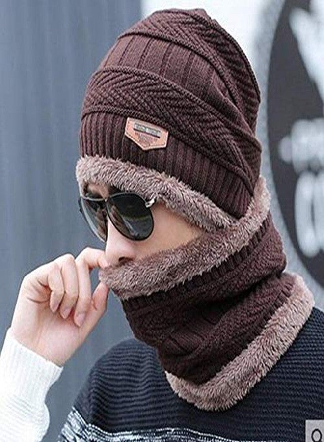 V3E Winter Woolen Cap with Neck Scarf and Printed Gloves for Boy's & Girl's/Winter Caps for Men/Woolen Cap(3 Piece)-(Brown) - Image 2