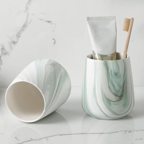 Eyrozia Marble Green Toothbrush Holder for Bathroom - Ceramic Tooth Brushing Holders, Toothbrush Cup, Toothpaste Organizer for Bathroom Countertop, Makeup Brush Holder, Pen Holder for Home Desktop Storage - Image 4