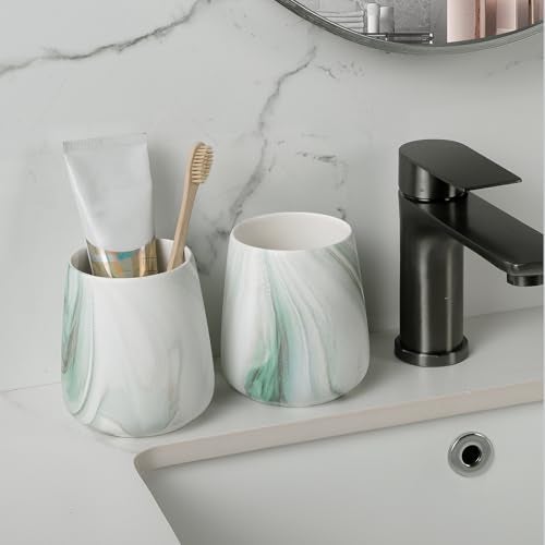 Eyrozia Marble Green Toothbrush Holder for Bathroom - Ceramic Tooth Brushing Holders, Toothbrush Cup, Toothpaste Organizer for Bathroom Countertop, Makeup Brush Holder, Pen Holder for Home Desktop Storage - Image 3