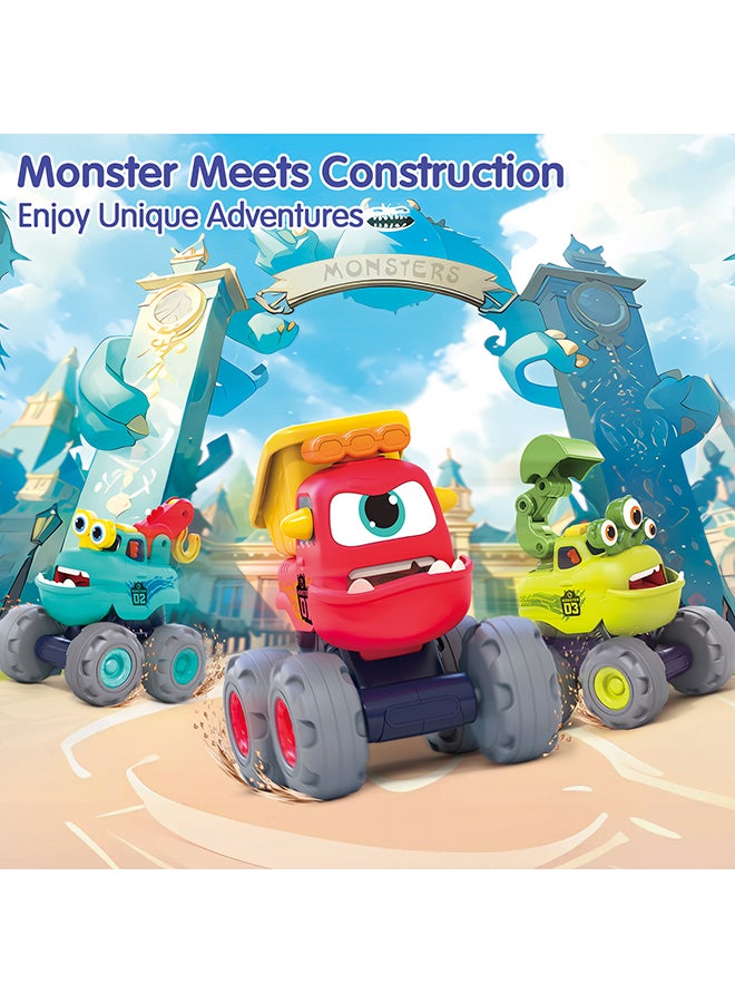 HOLA Fun Monster Construction Truck Set for Toddlers – 3 PCS Pull Back Vehicles, Crane, Dump Truck & Excavator, Movable Parts, Durable Push and Go Monster Trucks, Ages 12M+, Multicolor - Image 2