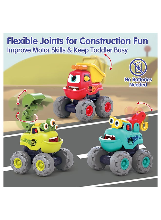 HOLA Fun Monster Construction Truck Set for Toddlers – 3 PCS Pull Back Vehicles, Crane, Dump Truck & Excavator, Movable Parts, Durable Push and Go Monster Trucks, Ages 12M+, Multicolor - Image 4