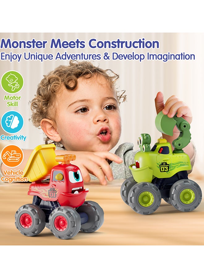 HOLA Fun Monster Construction Truck Set for Toddlers – 3 PCS Pull Back Vehicles, Crane, Dump Truck & Excavator, Movable Parts, Durable Push and Go Monster Trucks, Ages 12M+, Multicolor - Image 3