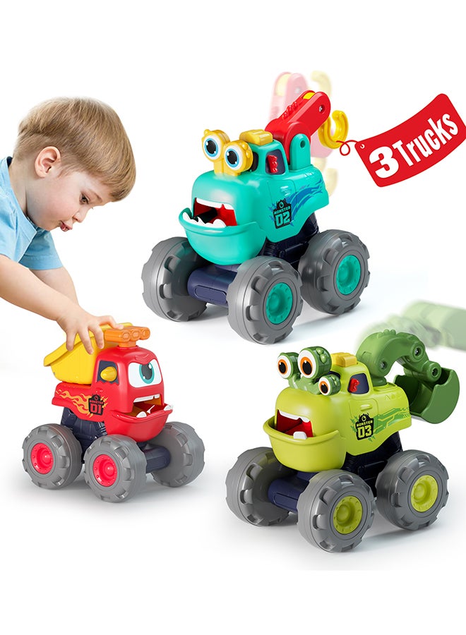 HOLA Fun Monster Construction Truck Set for Toddlers – 3 PCS Pull Back Vehicles, Crane, Dump Truck & Excavator, Movable Parts, Durable Push and Go Monster Trucks, Ages 12M+, Multicolor - Image 1