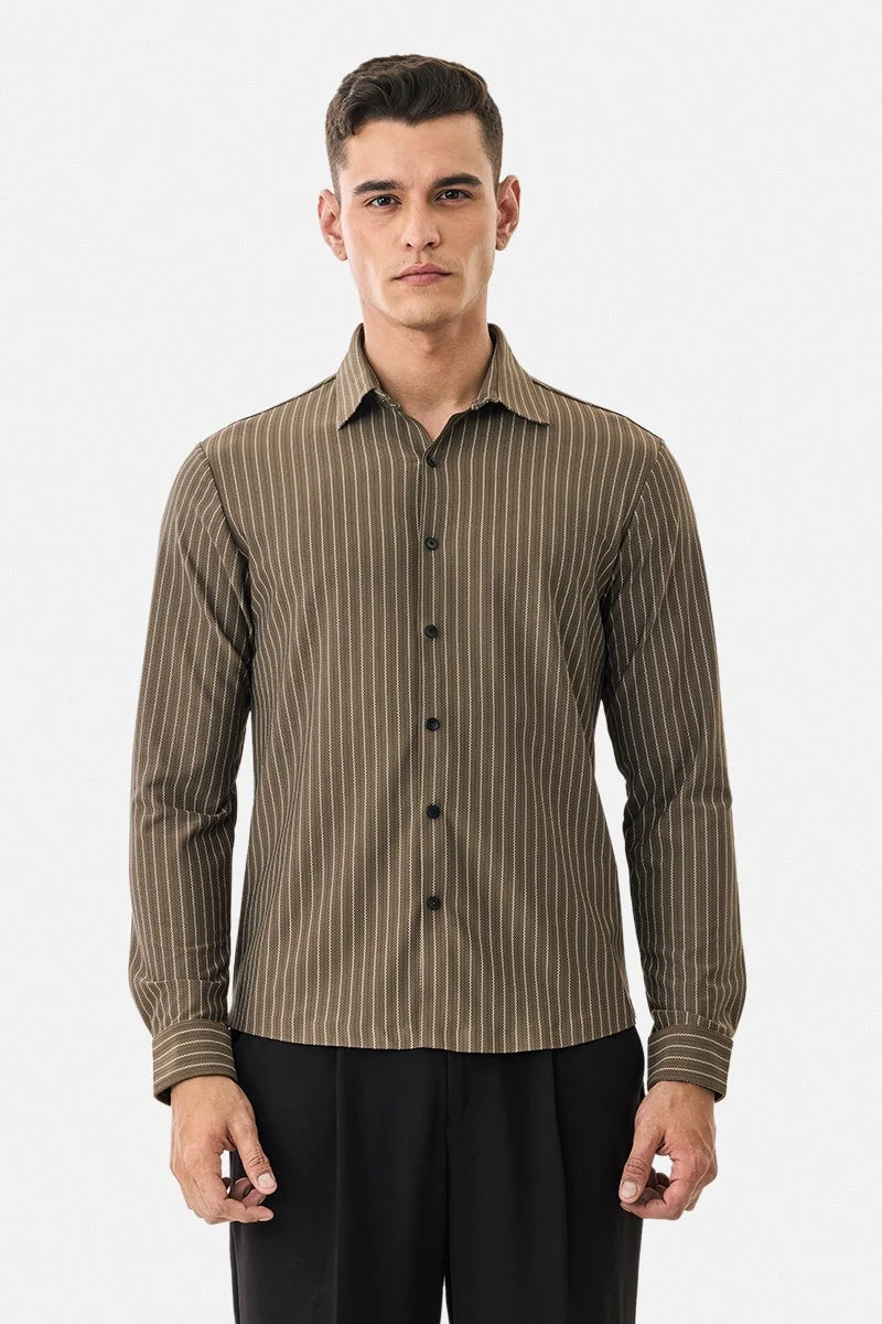 SNITCH Brown Striped Long Sleeve Regular Fit Shirt