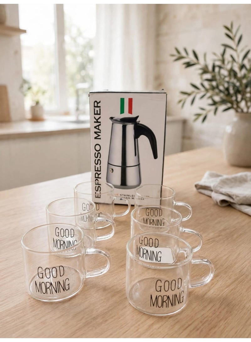 Premium coffee set - Italian stainless steel espresso pot + 6 glass cups. Good morning