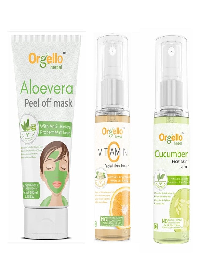 Orgello Aloe Vera Peel Off Mask 1 x 100g + Vitamin C Toner 1 x 100ml + Cucumber Toner 1 x 100 ml | Pack of 3 - Image 1