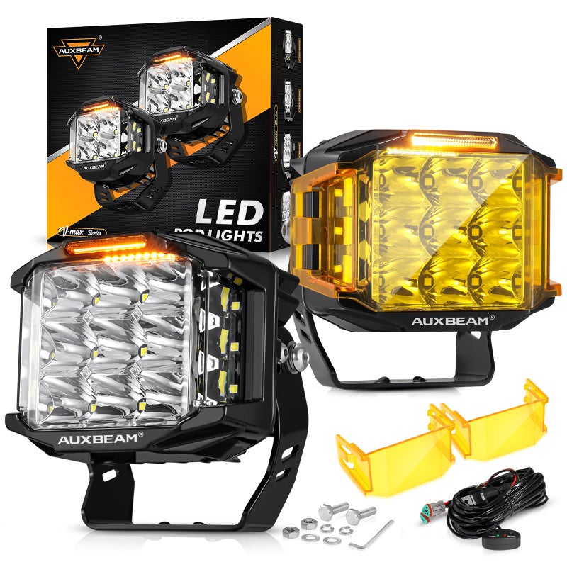 Auxbeam 5 168W LED Cube Pods Offroad Driving Light with Amber Covers 16440LM Bright Square Offroad Lights with Side Shooter 270 Combo Beam Ditch Light DRL for Jeep ATV Wrangler Ford Truck Pickup