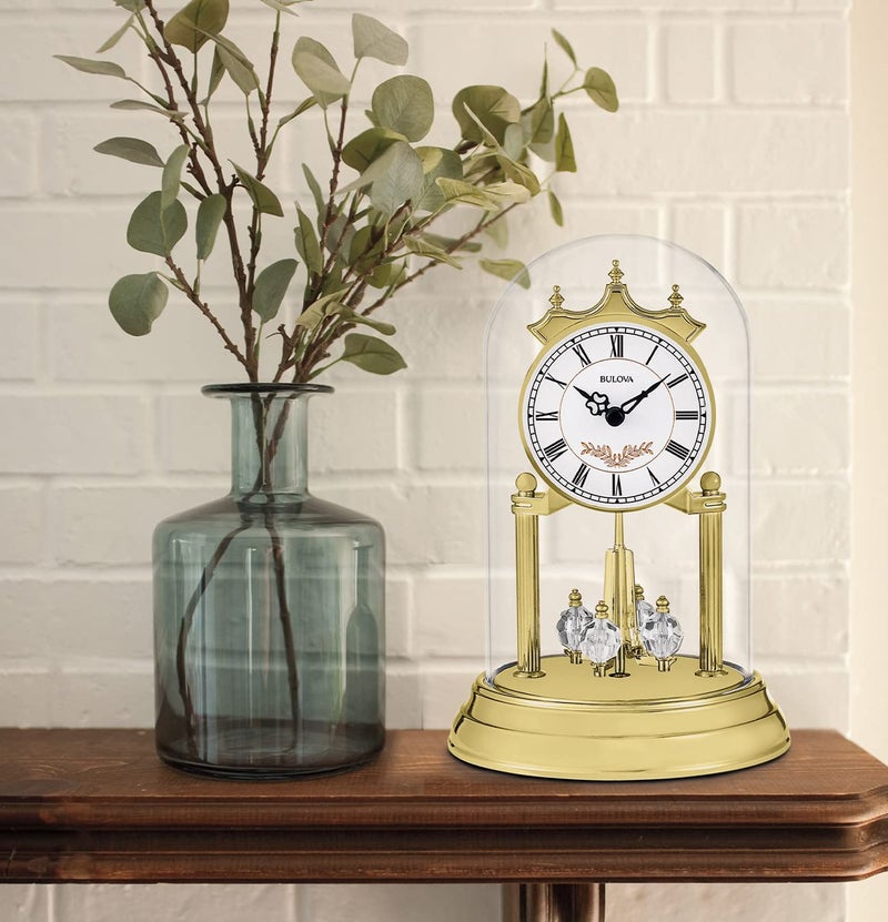 Bulova B8821 Heather Anniversary Clock | 9" Glass Dome Design | Rotating Crystal Pendulum | Westminster Chime | Engraving Plate - Image 2