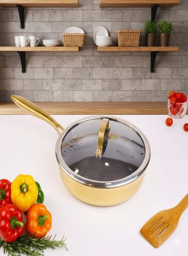 Drumstone (𝗦𝗽𝗲𝗰𝗶𝗮𝗹 𝟱 𝗬𝗲𝗮𝗿𝘀 𝗪𝗮𝗿𝗿𝗮𝗻𝘁𝘆 Premium Stainless Steel Gold Honeycomb Pan with Lid (24cm) | Nonstick, Durable, Stylish Cookware for Omelettes, Gravies, and Daily Cooking