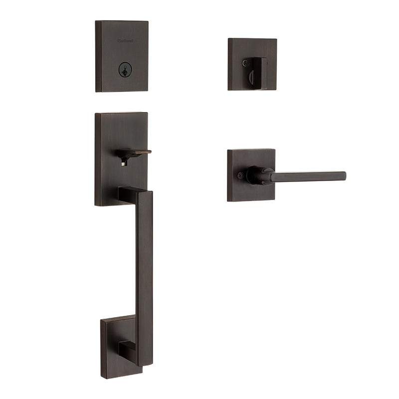 Kwikset San Clemente Front Door Lock Handle and Deadbolt Set Entry Handleset Exterior with Interior Reversible Lever Venetian Bronze Pick Resistant SmartKey Rekey Deadbolt Security