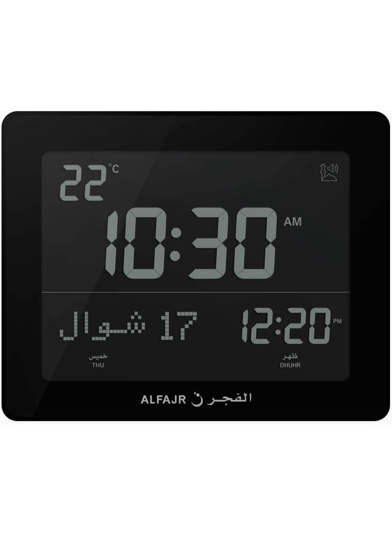 الفجر ساعة الفجر الرقمية للطاولة | ساعة منبه CF-19 أوتوماتيكية للصلاة الإسلامية بخمسة أصوات أذان مختلفة | ساعة رمضانية للحائط والمكتب مزودة بإضاءة خلفية LCD، وتاريخ ميلادي وهجري، وعرض لدرجة الحرارة، وأوقات صلاة عالمية مبرمجة مسبقًا (أسود)