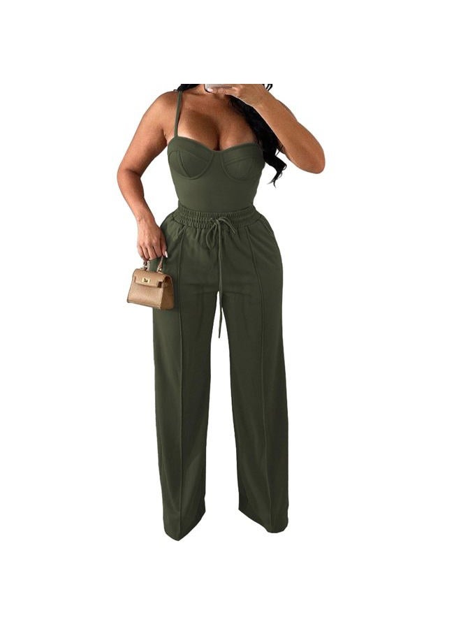 PINSV Women's Casual Wide Leg Pants High Waisted Drawstring Baggy Sweatpants Elastic Straight Leg Lounge Pants, 721 Army Green, XXL Long - Image 4