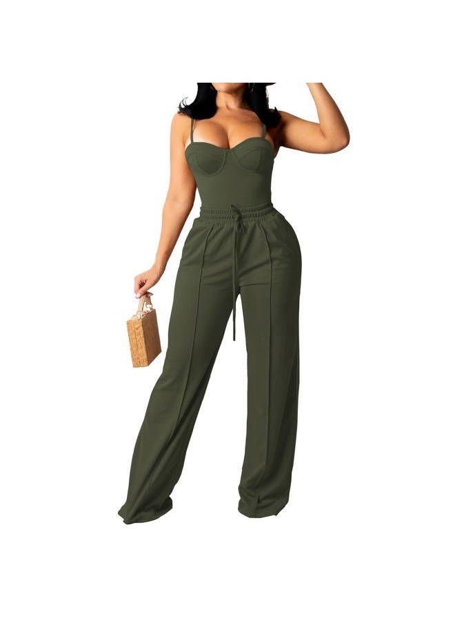 PINSV Women's Casual Wide Leg Pants High Waisted Drawstring Baggy Sweatpants Elastic Straight Leg Lounge Pants, 721 Army Green, XXL Long - Image 2