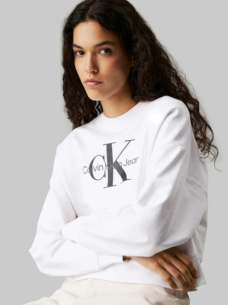 Calvin Klein Jeans Bright White Monogram Logo French Terry Relaxed Sweatshirt for Women | Best Price UAE
