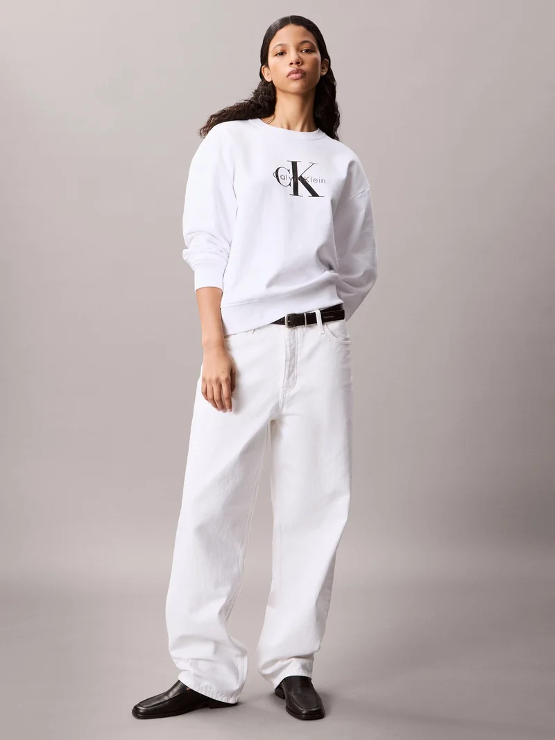 Calvin Klein Jeans Bright White Monogram Logo French Terry Relaxed Sweatshirt for Women | Best Price UAE