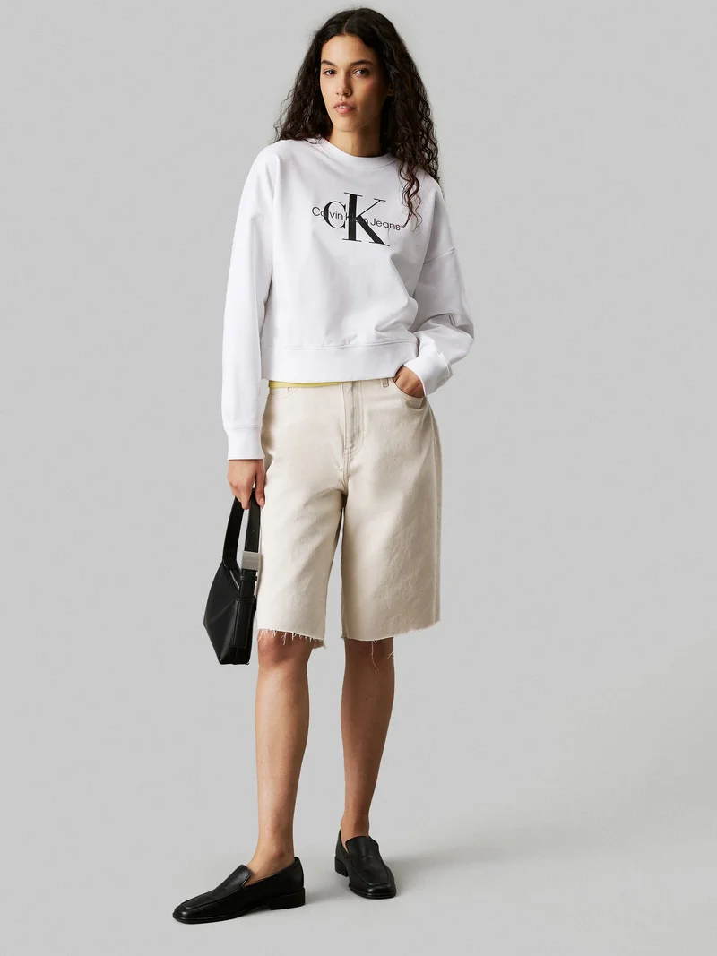 Calvin Klein Jeans Bright White Monogram Logo French Terry Relaxed Sweatshirt for Women | Best Price UAE