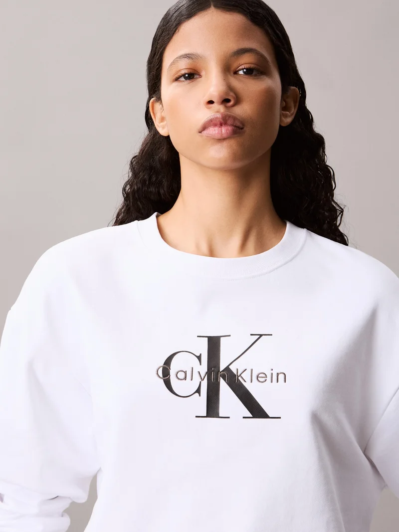 Calvin Klein Jeans Bright White Monogram Logo French Terry Relaxed Sweatshirt for Women | Best Price UAE